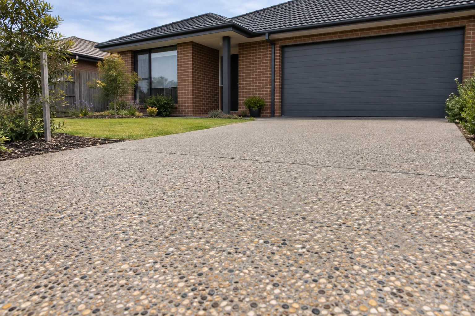Finished exposed aggregate driveway with natural stone texture