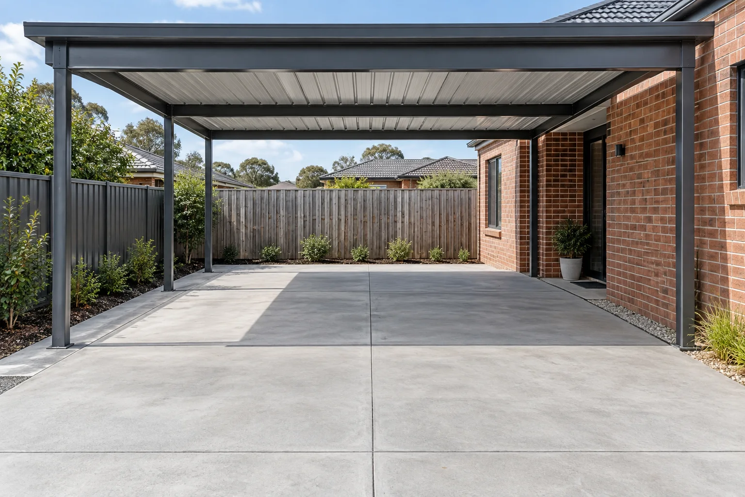 Illustrative light-grey concrete parking slab under an open-sided steel carport at a brick home