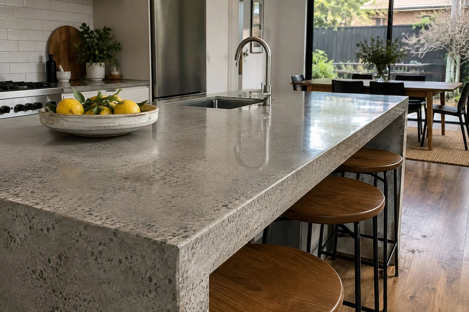 Finished concrete benchtop in a Geelong-style residential setting