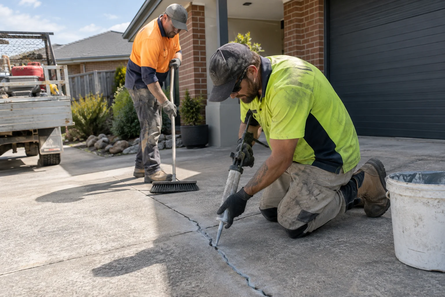 Tradespeople working on concrete crack repair in a Geelong-style residential setting