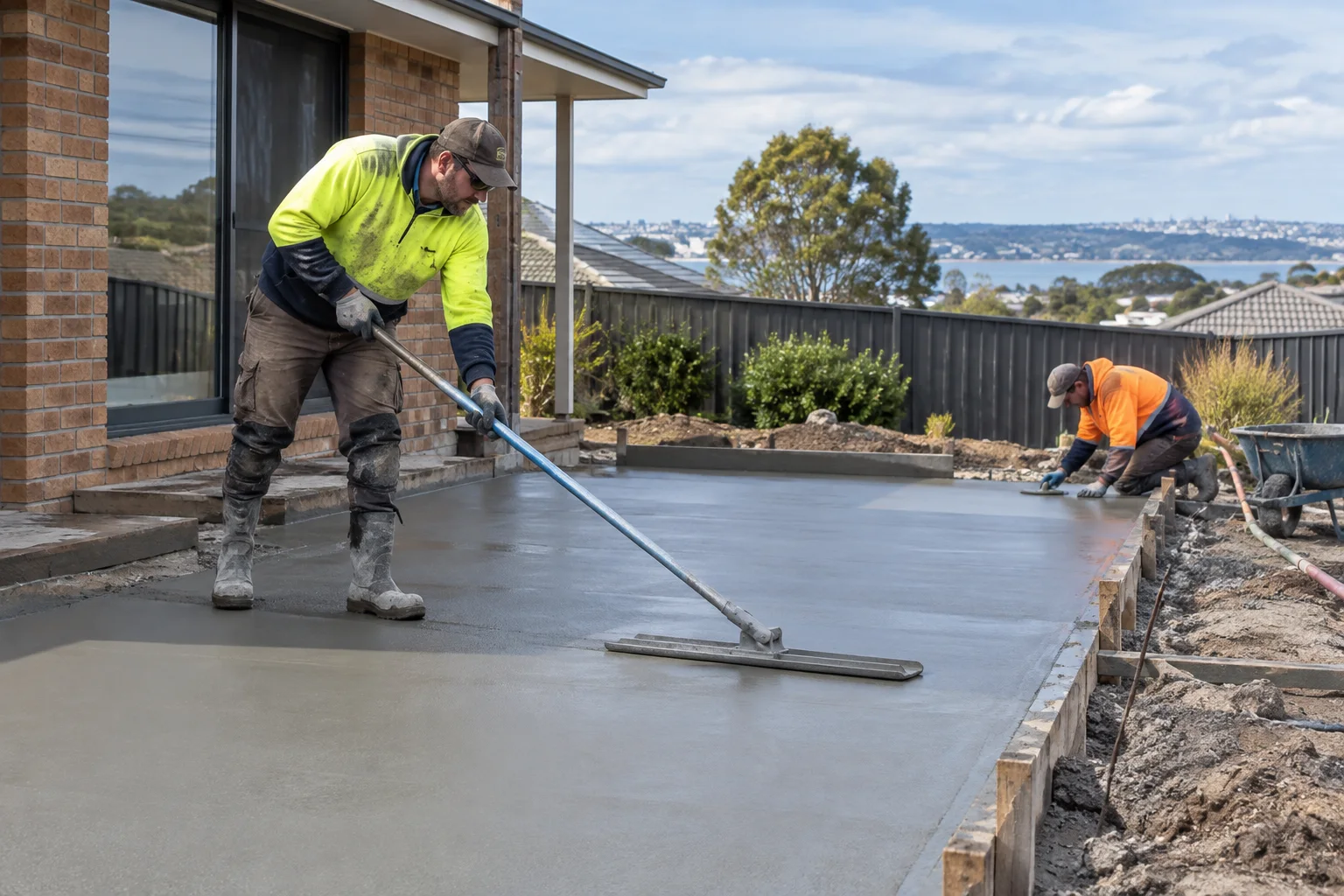 Tradespeople working on concrete finishing in a Geelong-style residential setting