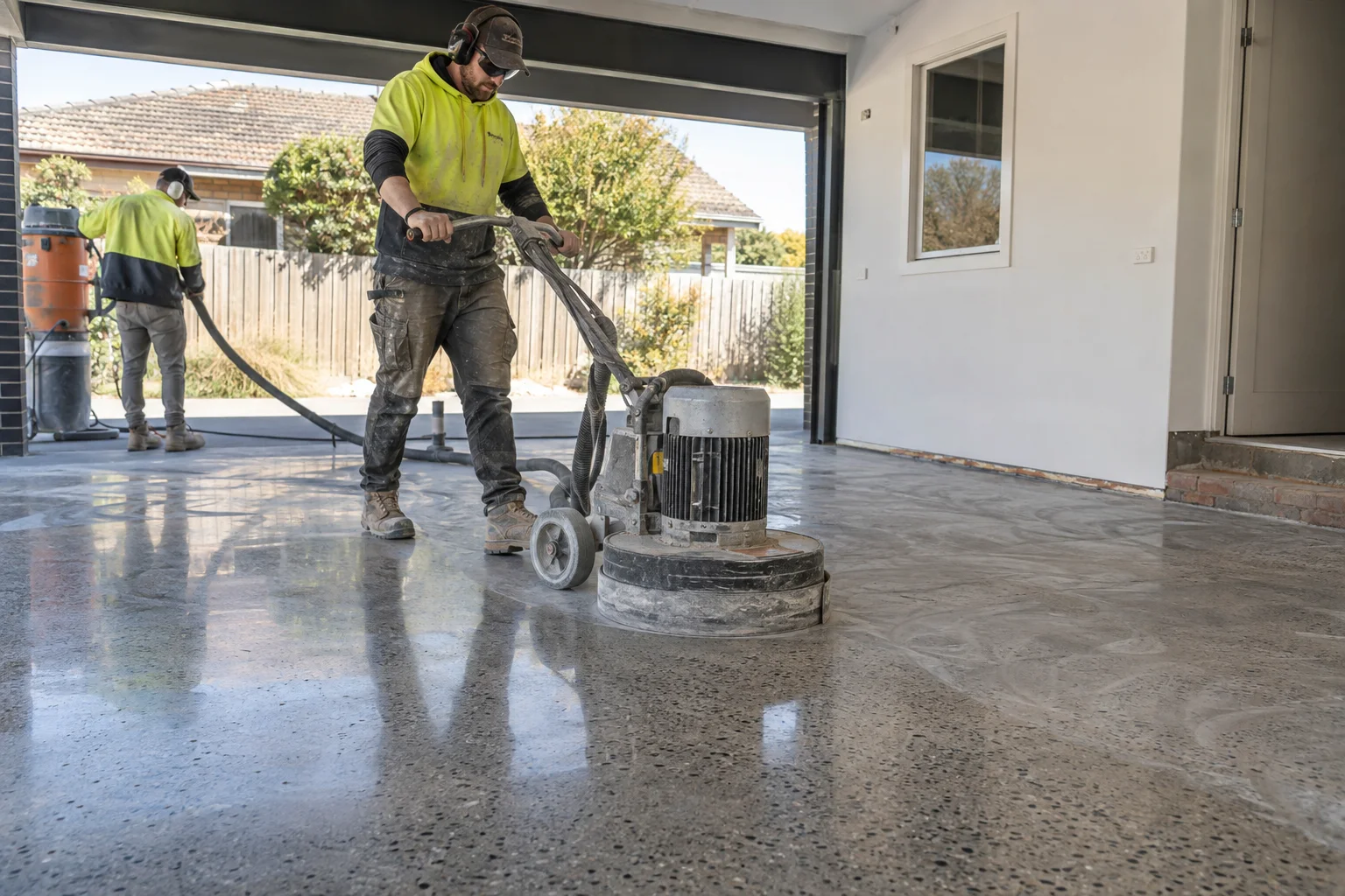 Tradespeople working on concrete floor polishing in a Geelong-style residential setting