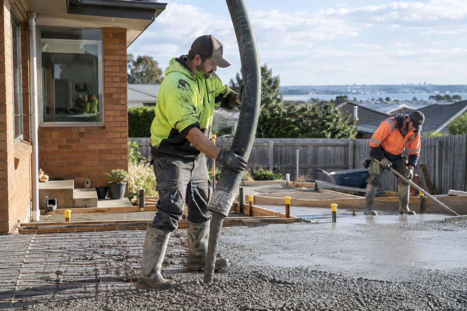 Tradespeople working on concrete pumping in a Geelong-style residential setting