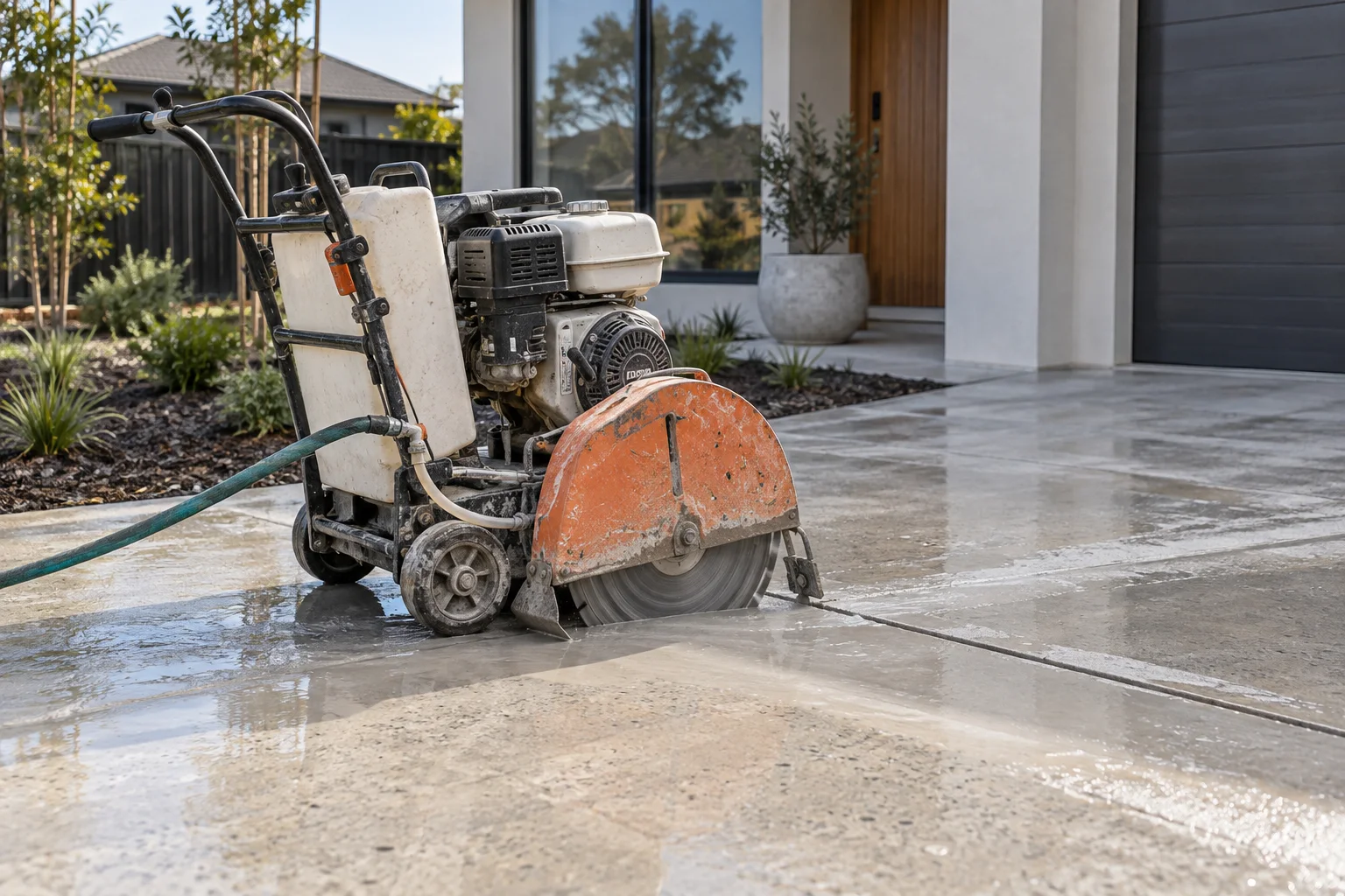 Illustrative guarded walk-behind concrete saw beside a straight cut line on a residential slab