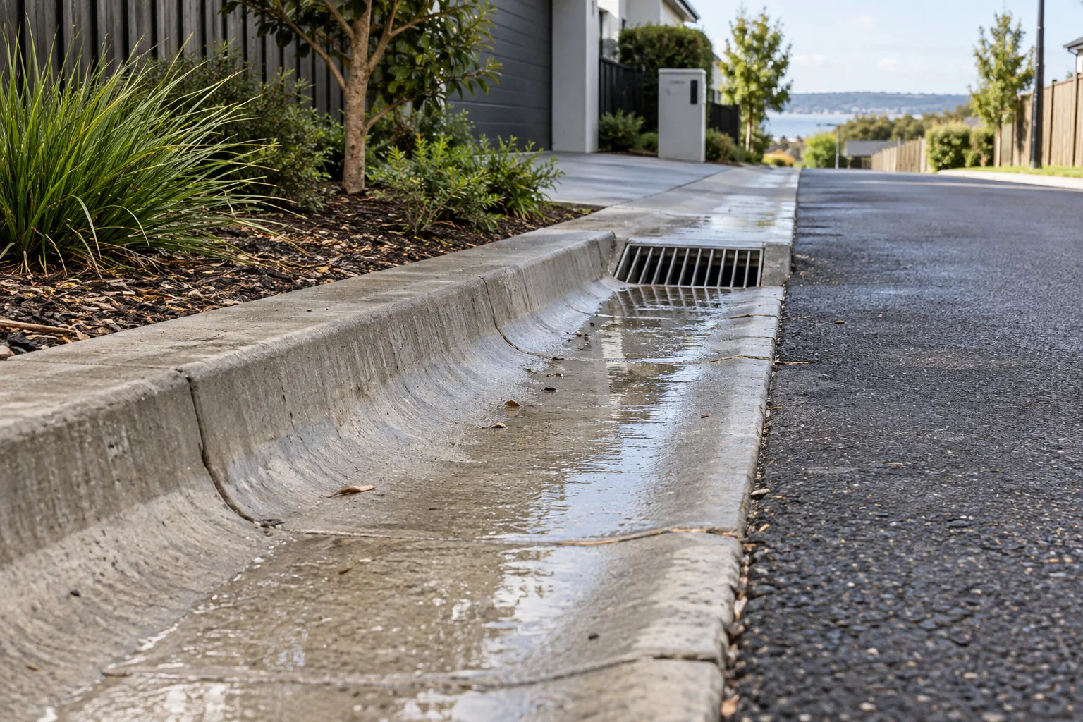 Illustrative shallow concrete spoon drain along a paved lane leading toward a grated drainage pit