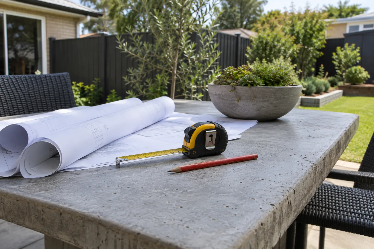 Plans and a tape measure on an outdoor concrete table