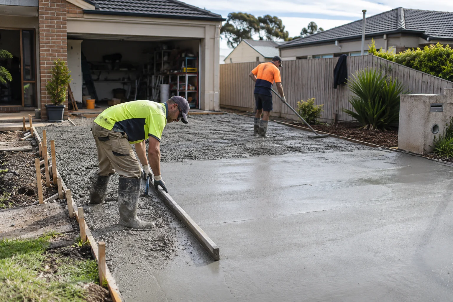 Tradespeople working on driveway extensions in a Geelong-style residential setting