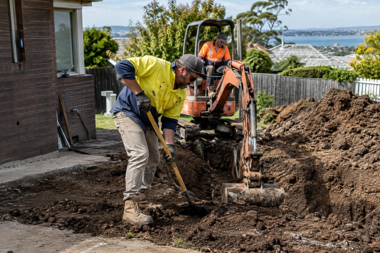 Tradespeople working on excavation in a Geelong-style residential setting