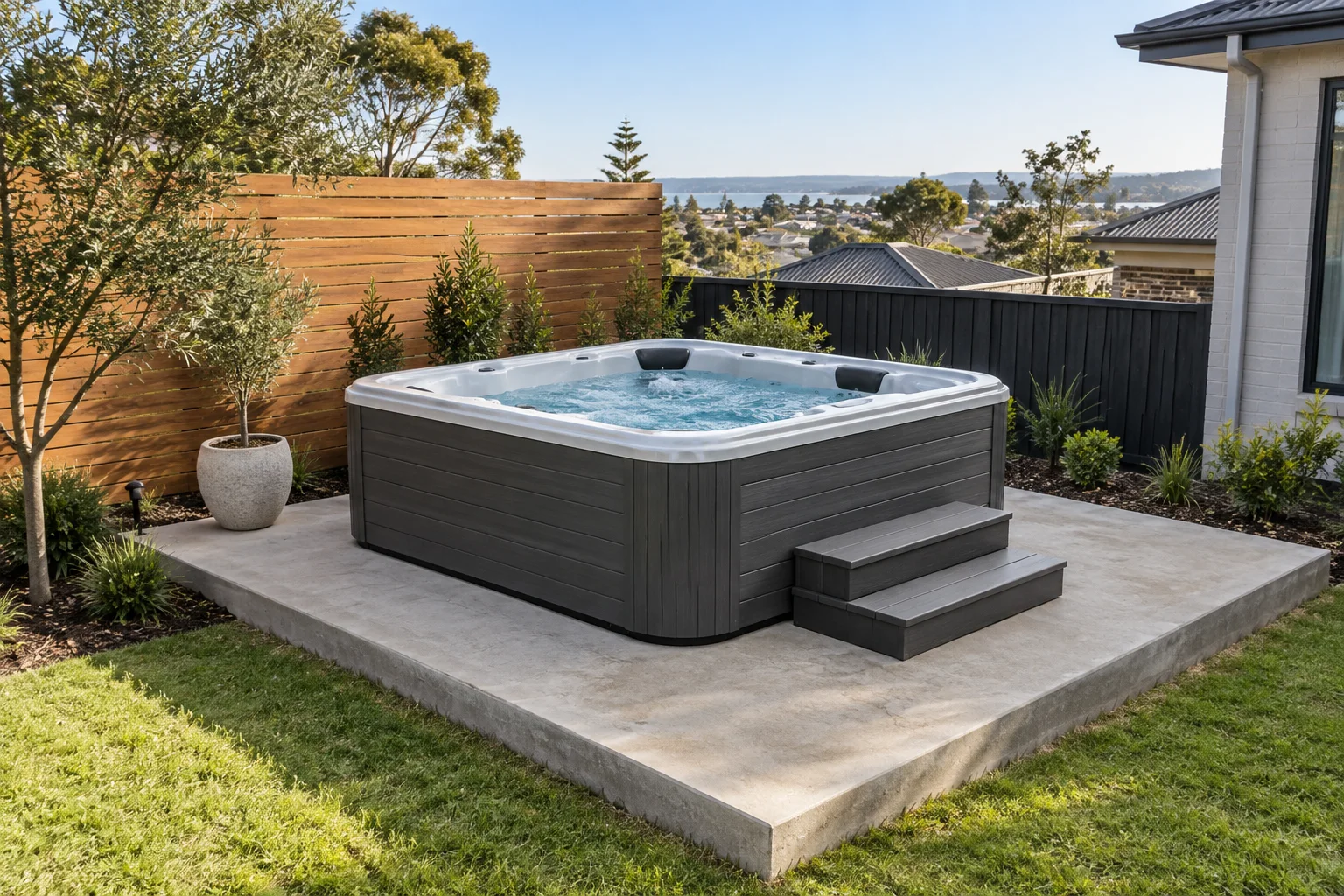 Illustrative outdoor spa on a concrete pad with a visible perimeter and timber backyard privacy screen